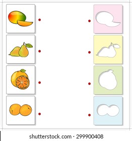 Mango, pear, orange and apricot. Educational game for kids. Choose the correct silhouettes on the opposite side and connect the points