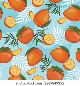 Mango and Persimmon seamless pattern design. Fruits on the blue background with tropical leaves. 