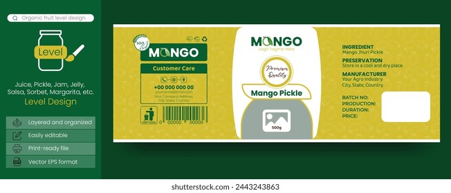 Mango pickle labels design for pickle bottles, jars, or box packaging. Additionally, incorporate organic food or product leveling such as juice, jam, jelly, pickle, ice cream, mousse, salsa, etc.