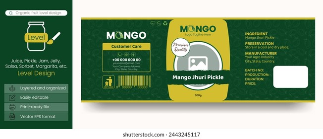 Mango-Gurkenetiketten Design für Flaschen, Gläser oder Kisten. Integrieren Sie auch Lebensmittelnivellierungen wie Saft, Marmelade, Gelee, Gurken, Eis, Mousse, Salsa, Sorbet, Salat usw. für Bio-Produkte.