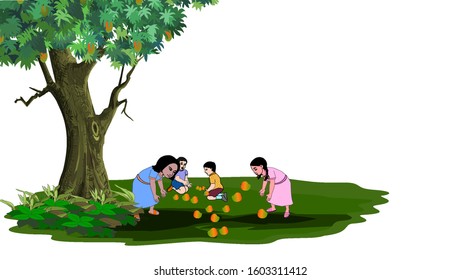 Mango pickup scene. Indian children pickup fruits of the storm - illustration