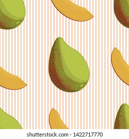 Mango and a piece of the striped background. Seamless pattern. For fabrics, gift paper. Vector