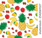 Mango pineapple apple strawberry banana cherry mix fruits seamless pattern on white background