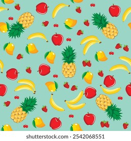 Mango pineapple apple strawberry banana cherry mix fruits seamless pattern background