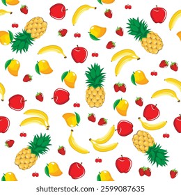 Mango pineapple apple strawberry banana cherry mix fruits seamless pattern on white background