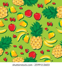 Mango pineapple apple strawberry banana cherry mix fruits seamless pattern on parrot light green background