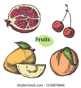 Mango, pomegranate, cherry, peach. Hand drawn fruit collection Can be used for vegan products, brochures, banner, restaurant menu, farmers market and organic food store