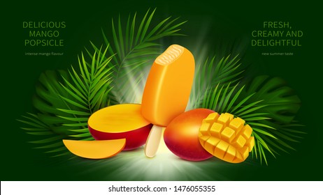 Mango popsicle, bitten yellow ice cream and slices of tropical fruit next to green palm and monstera leaves realistic vector illustration. Mock up ad banner for exotic fruit flavor icecream