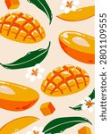 Mango poster. Abstract fruit banner design, vintage tropical exotic fruits print, fresh ripe half mango pulp and leaves, sweet vegetarian healthy food. Vector background.