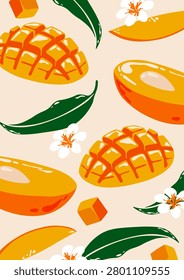 Mango poster. Abstract fruit banner design, vintage tropical exotic fruits print, fresh ripe half mango pulp and leaves, sweet vegetarian healthy food. Vector background.