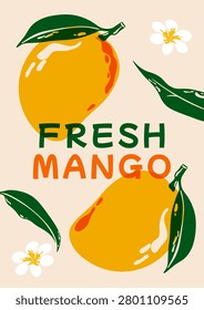 Mango poster. Abstract fruit banner design, vintage tropical exotic fruits print, ripe fresh mango and leaves, sweet vegetarian healthy food. Vector background.