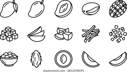 Mango Preparation and Cut Line Art Icon Set Outline Vector Fruit Icons