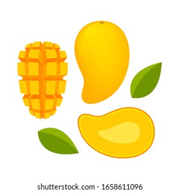 mango ripe and slice isolated on white background, yellow mango slice half cut piece, illustration mango fruit and section slice for clip art, vector