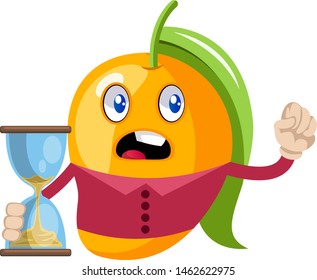 Mango with sand watch, illustration, vector on white background.