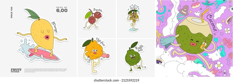Mango, Sapodilla, Longan, Ugli fruit, Kaffir lime, Coconut. Fruit. Set of vector stickers. Funny characters in doodle style. Hand-drawn cartoon icons with stroke.