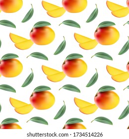 Mango seamless pattern 3D. Sweet abstract background. Vector illustration. Repeating texture with mango and slices. Realistic summer ornament. Modern design paper, wallpaper, textile.