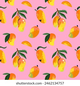 Mango seamless pattern. Abstract exotic tropical fresh fruit. Healthy juice. Botanical element. Decor textile, wrapping paper, wallpaper design. Print fabric. Vector cartoon minimalistic illustration