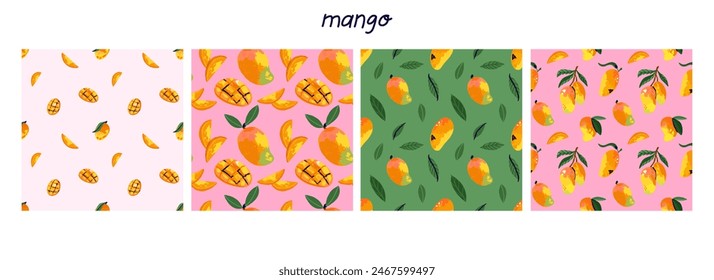 Mango seamless pattern. Abstract exotic tropical fresh fruit. Healthy juice. Botanical element. Decor textile, wrapping paper, wallpaper design. Print fabric, vector cartoon minimalistic illustration