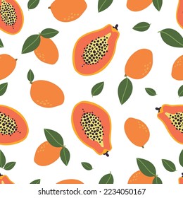 Mango seamless pattern. Exotic fruits, fresh papaya cut, green leaves and mango. Tropical summer vacation vector print, color organic food