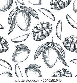 Mango seamless pattern. Hand drawn sketch vector illustration. Food vegetarian organic products background. Fabric design, wrapping paper, textile print