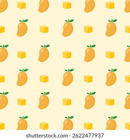 Mango seamless pattern with little cube slice. Tropical fruit illustration. Food cartoon. Can be used for wallpaper, paper wrapping and fashion fabric