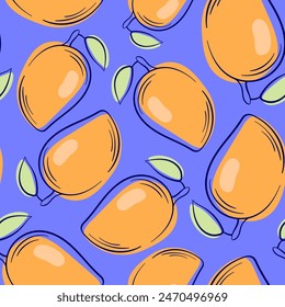 Patrón sin costuras de mango en patrón de contorno. Diseño dibujado a mano para el paquete, textil. Ilustración vectorial sobre fondo azul.