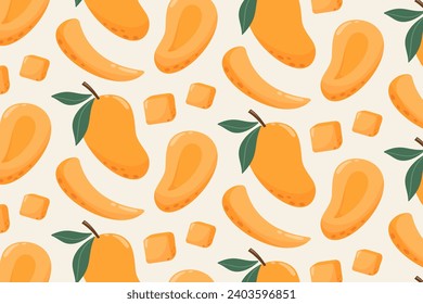 Mango seamless pattern. Summer tropical vector illustration in cartoon flat style on isolated background. For paper, cover, fabric, gift wrapping, notebook, bed linen