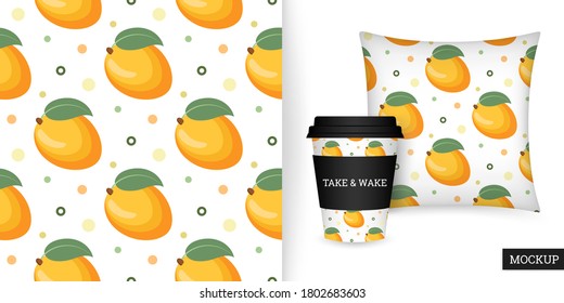 Mango seamless pattern. Sweet fruit background. Vector illustration. Template food. Repeating texture. Modern ornament. Mockup.