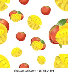 Mango seamless pattern with twig and leaf and cut piece. Vector illustration isolated on white background. Texture for fabrics, textiles, menus, packaging, website, etc.