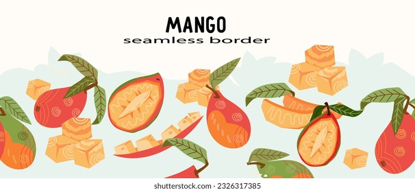 Mango seamless repeatable border in hand drawn style vector illustration isolated on white background. Decorative repeatable border with mango fruits.