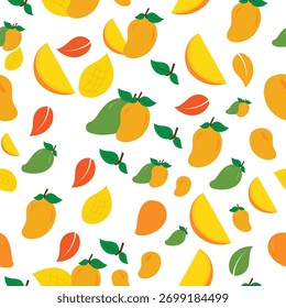 Manga sem emenda, padrão de frutas tropicais, fatia amarela de verão repetir, folha verde doce vetor ilustração, plano de fundo suculento design moderno.