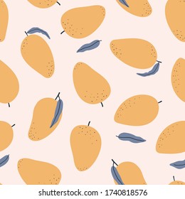 Mango seamless vector pattern. Summer hand drawn background. Trendy tropical pattern for print, textile, wrapping paper and decoration design. Simple vector fruit illustration