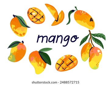 Mango set. Abstract exotic tropical fresh fruit, whole half and slice with green leaves. healthy dessert, organic juice, botanical element. Vector cartoon minimalistic isolated hand drawn illustration