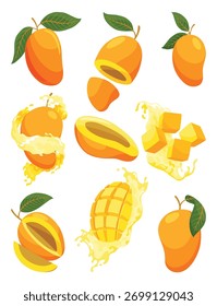 Mango-Set, frische exotische Früchte. Ganze Mango, Scheiben, halb