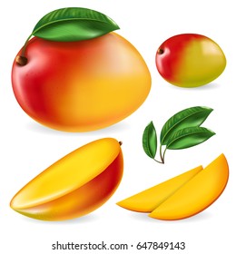 mango set. Full editable, isolated on white. Fresh mango, sliced, pieces.