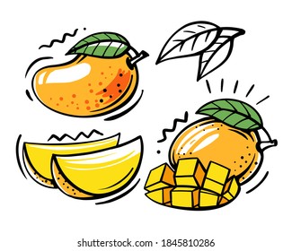 Mango set, ink sketch. Tropical fruit with leaves. Hand drawn black plant line stroke clipart, farm product packaging. Whole and sliced botanic objects