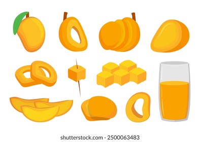 mango set. organic mango pieces, cartoon fresh tropical fruits collection, diet healthy nutrition, delicious exotic sweet mango. vector cartoon set with isolated items.