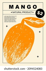 Mango. Set of posters of fruits and vegetables in a abstract draw design. Label or poster, price tag. Simple, flat design. Patterns and backgrounds. Perfect for poster, cover, banner.