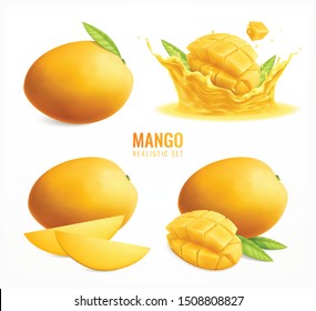 Mango set with realistic isolated images of whole ripe fruits with leaves and slices water splash vector illustration