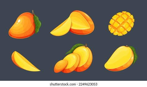 Mango set vector illustration. Cartoon isolated exotic organic fresh fruit cut in half pieces and slices for healthy vitamin vegetarian menu, whole ripe sweet tropical mango with leaf