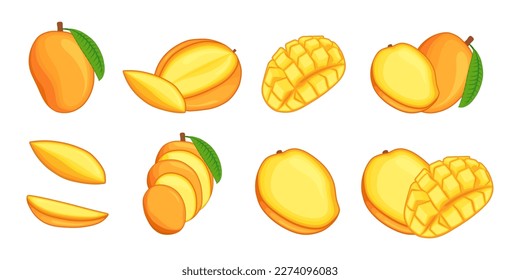 Mango Set Vektorgrafik. Cartoon einzeln exotische organische frische Früchte geschnitten in halben Stücken und Scheiben für gesunde Vitamin vegetarische Menü. Reife süße tropische Mango mit Blättern