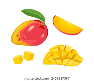 Set de mango. Frutas tropicales enteras, cortadas en rodajas, peladas y cortadas. Ilustración de dibujos animados vectoriales.