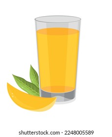Mango shake in a glass. Tropical fruit with green leaves. Yellow fresh. Drink. Beverage. Healthy. Vector bright illustration. White background. Icon. Flat design.