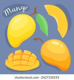 Mango. Rebanada, pieza y mango entero.  Frutas tropicales frescas, dulces y maduras. Mango amarillo y naranja. Frutas exóticas. Postre saludable, mango orgánico. Ilustración vectorial de dibujos animados.