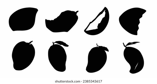 Eine Mango mit Mango Slice Silhouetten Set. Set Mangos. Vektorgrafik