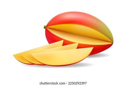 Mango slices realistic. Isolated sliced mangos dessert, 3d fresh delicious appetizing tasty mangoe fruit pieces healthy tropical vitamin food vector illustration