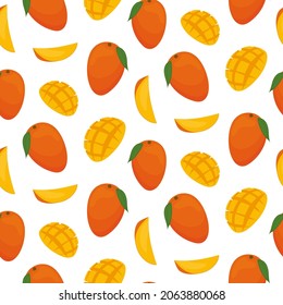 Mango and mango slices, vector seamless pattern. Bright pieces of delicious fruit. Design for kitchen textiles, greeting cards, menu covers, web pages.