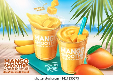 Mango smoothie ads with fresh fruit on bokeh beach background in 3d illustration