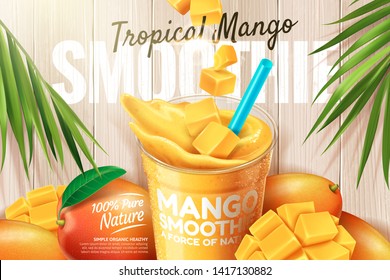 Mango smoothie ads with fresh fruit on wooden plate in 3d illustration