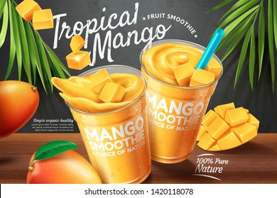 Mango smoothie ads with fresh fruit on blackboard in 3d illustration